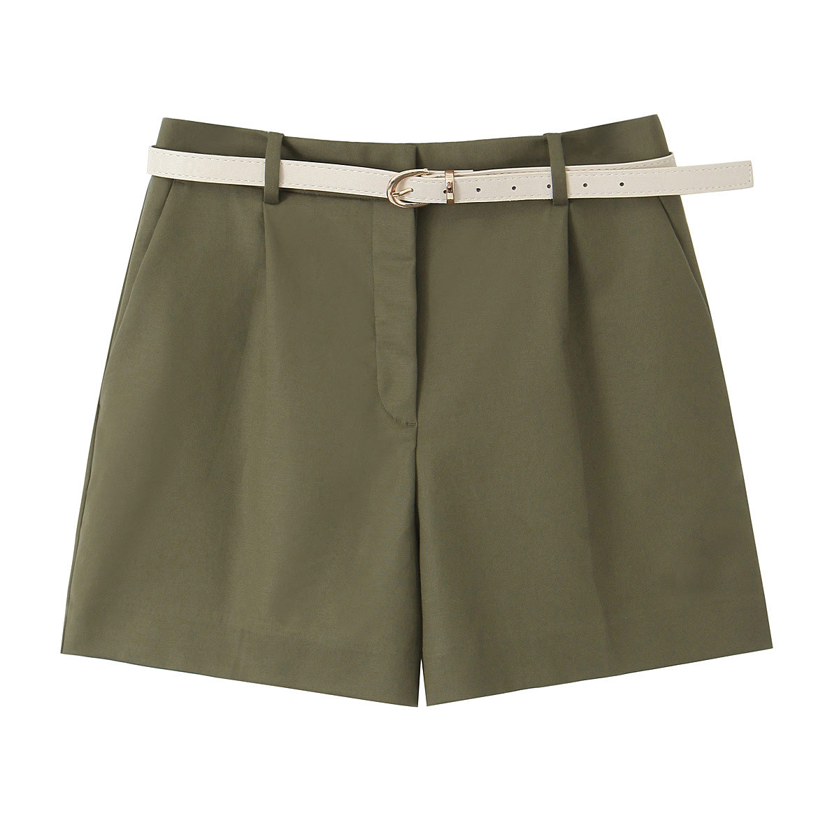 Army Green Pleated wide-leg tailored shorts for women, featuring belted high waist in breathable poly-cotton fabric, versatile for office wear, brunch outfit, travel capsule wardrobe looks.