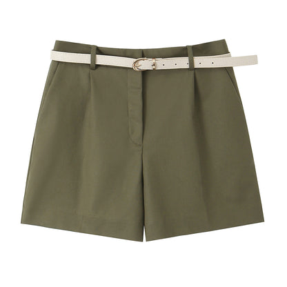 Army Green Pleated wide-leg tailored shorts for women, featuring belted high waist in breathable poly-cotton fabric, versatile for office wear, brunch outfit, travel capsule wardrobe looks.