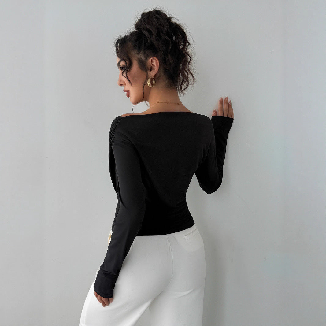 Off shoulder black blouse for women, slim fit chic work wear top styled for desk to dinner outfits