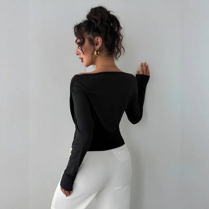 Off shoulder black blouse for women, slim fit chic work wear top styled for desk to dinner outfits