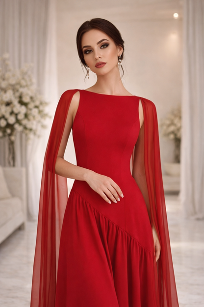 red elevated statement piece maxi gown, ruched long maxi dress gown, cape maxi dress, asymmetric evening gown, evening party dress with ruched waist and drape cut, Asymmetric cape maxi, fit and flare gown, sculptural maxi with timeless silhouette,  opaque torso vs. fluid chiffon cape for structured top/fluid bottom.