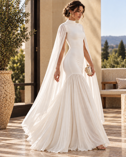 white formal maxi dress, Asymmetrical drape White cape sleeve gown for women with a fit and flare silhouette, high neck, fitted bodice and flowing floor-length skirt, designed for formal wedding guest outfits, receptions, galas and evening celebrations.