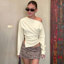 Load image into Gallery viewer, Asymmetrical off-shoulder top for women, chic cocktail party outfit and autumn brunch style, lightweight draped blouse with angular hem for capsule wardrobe looks.