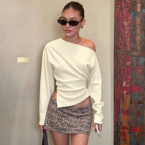 Asymmetrical off-shoulder top for women, chic cocktail party outfit and autumn brunch style, lightweight draped blouse with angular hem for capsule wardrobe looks.