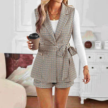 Load image into Gallery viewer, Beige plaid vest and shorts set for women with belted sleeveless blazer and high-waist tailored shorts, a chic two-piece co-ord outfit for spring brunch or fall business casual looks.