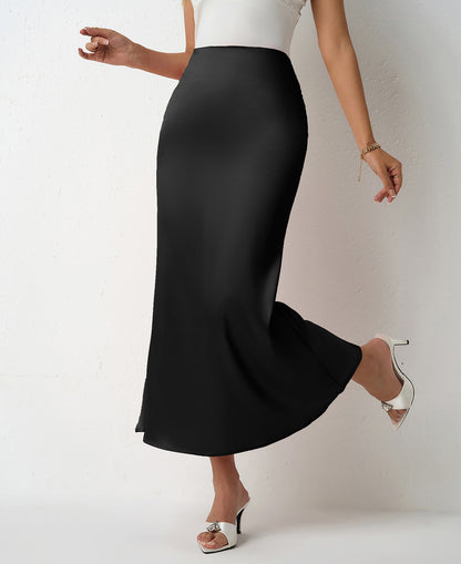 Black Chic satin midi skirt outfit for women with high waist bias cut fit. Lightweight slip skirt perfect for workwear looks, brunch styling, wedding guest outfits & TikTok viral satin skirt trends.