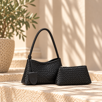 Black woven shoulder bag featuring a relaxed hobo shape, tactile basket weave construction, long braided strap and coordinating pouch, creating a contemporary textured handbag for workwear, weekends and everyday carry.