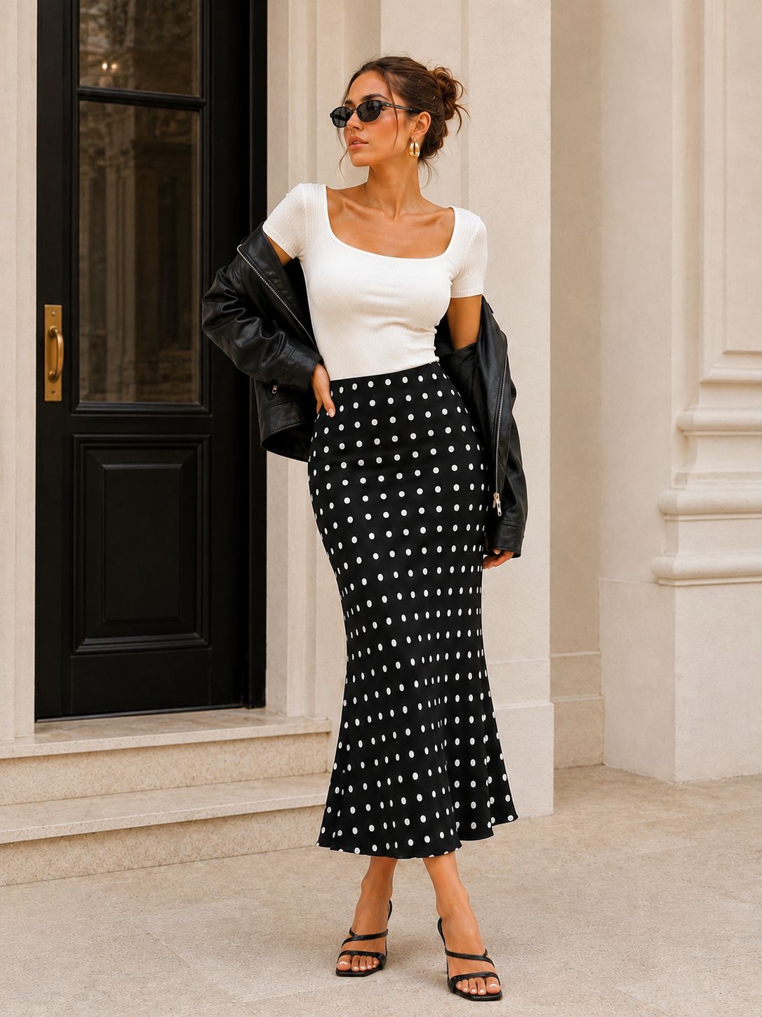 Black and white polka dot fishtail midi skirt with a fitted waist and softly flared hem, styled as a polished women's midi skirt for a feminine monochrome office outfit with classic Parisian appeal.