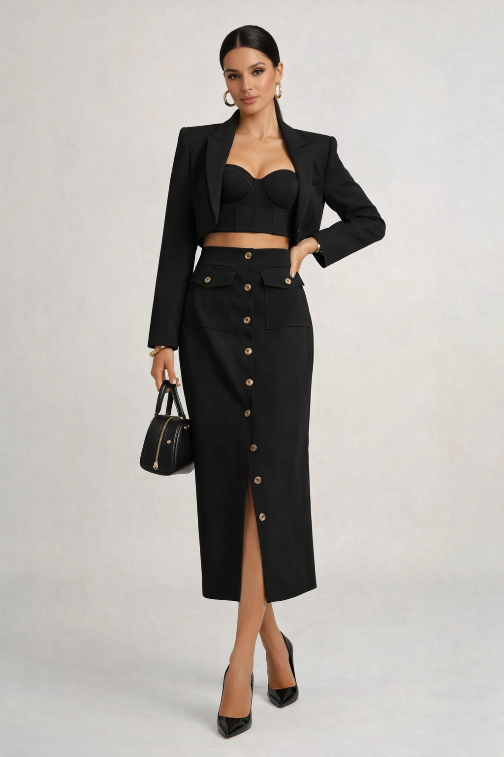 high waisted black midi skirt, front slit midi skirt, Black button front midi skirt, structured woven fabric with high waisted tailored fit, straight pencil silhouette, black midi skirt office outfit women, perfect for business casual wear, smart casual outfit women, office wear skirt.