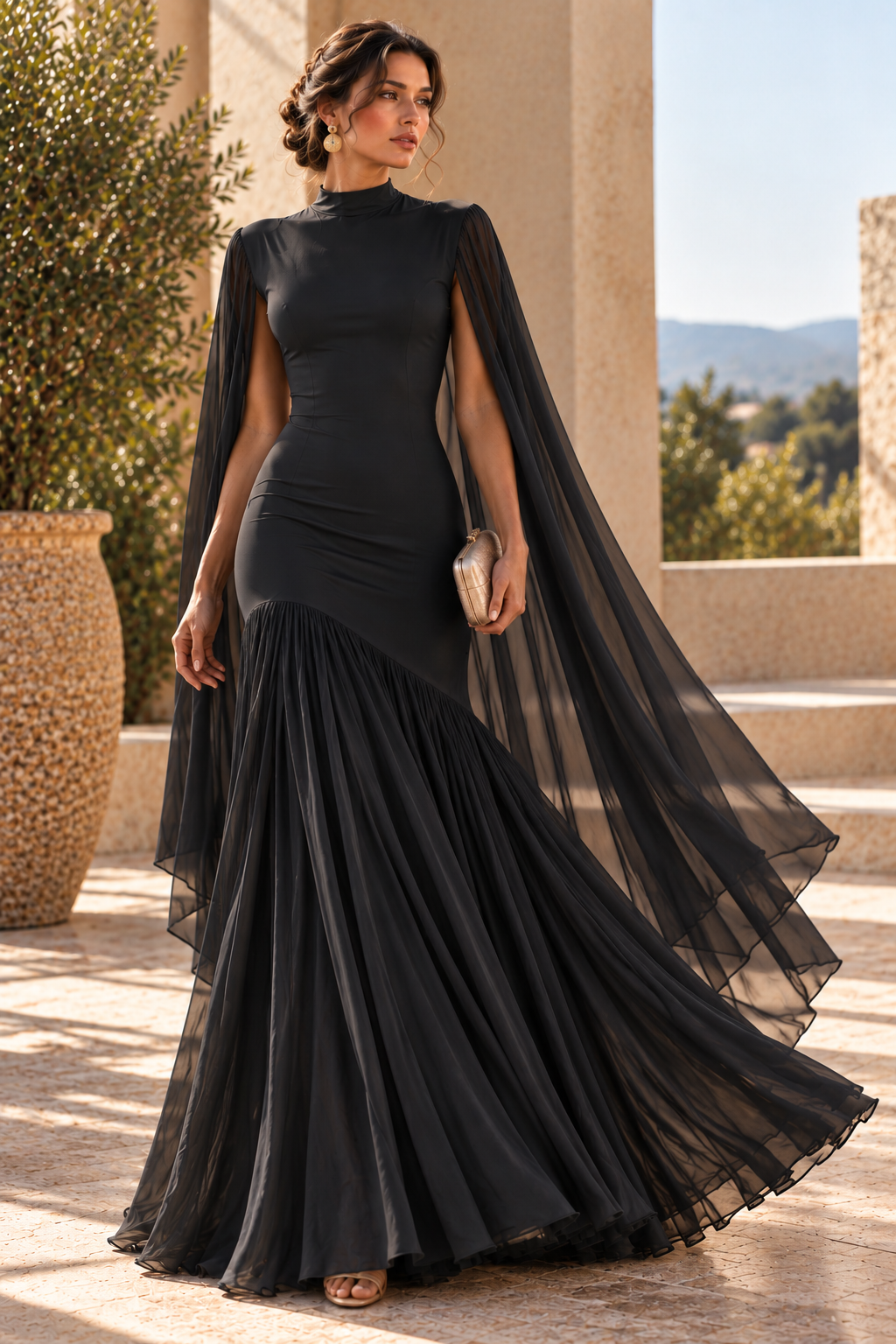Black draped cape sleeve gown, formal maxi dress, Black cape sleeve formal dress for women with a body-skimming bodice, high neckline, dramatic flowing skirt, and elongated cape overlay, offering a polished choice for black-tie weddings, evening receptions, galas, and formal dinners.