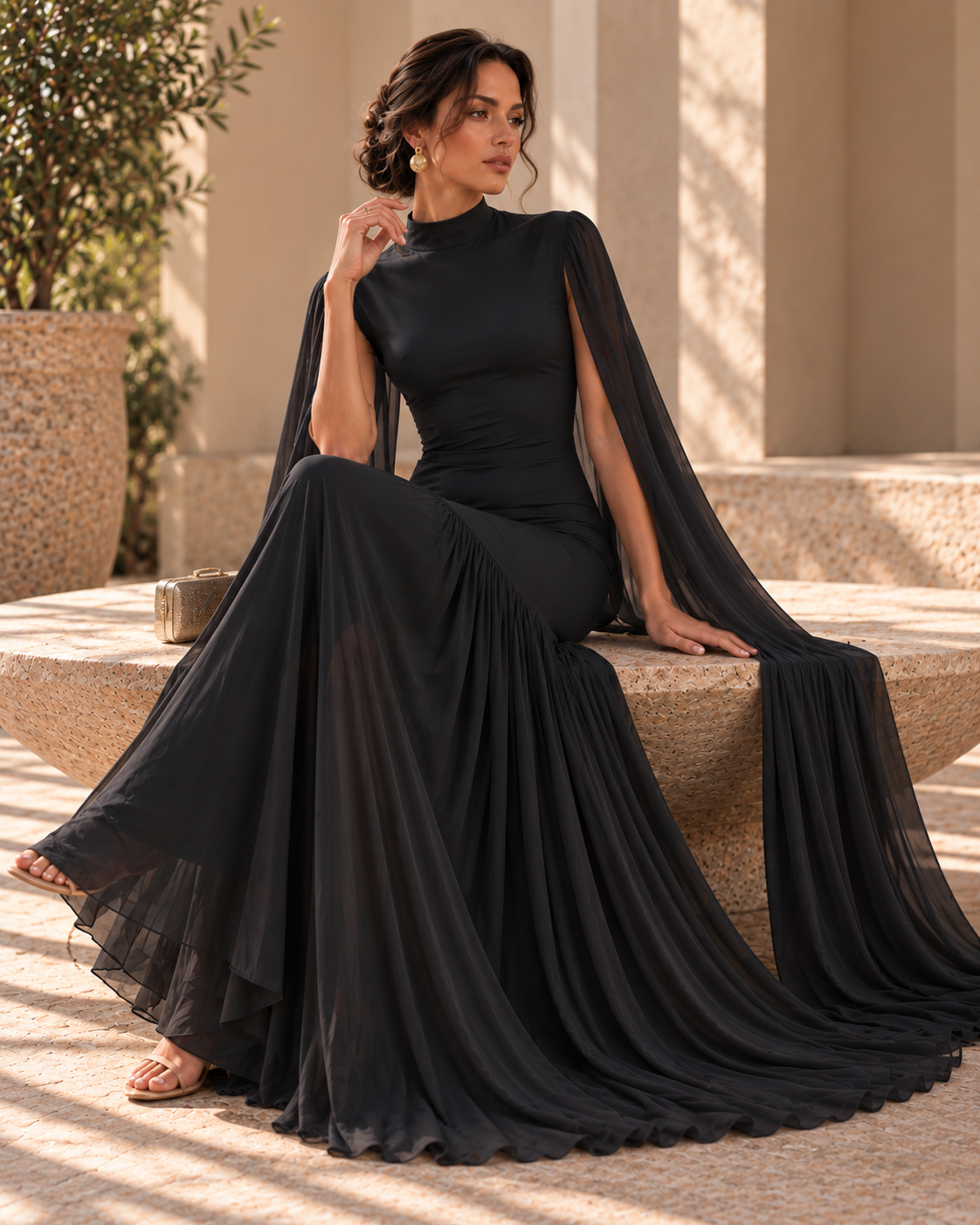 Black evening gown for women featuring cape sleeves, fitted waist, high neckline and asymmetrical pleated skirt, creating a graceful floor-length formal dress for black-tie events, weddings and evening receptions.