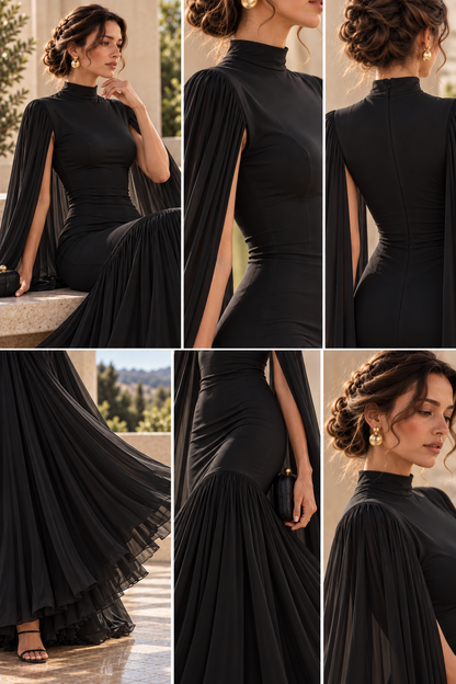 Black formal cape sleeve evening gown, ruched pleated drape long maxi gown, Black fit and flare dress for women featuring dramatic cape sleeves, a high neck, fitted bodice and flowing floor-length skirt, creating an elegant wedding guest dress for formal ceremonies and receptions.