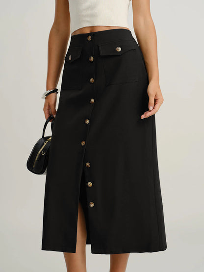 Black midi skirt with slit, business casual skirt, office wear skirt women, tailored woven fabric with front button design and subtle front slit, straight fitted silhouette, black midi skirt with slit outfit women, perfect for smart casual looks, black skirt outfit women, black skirt outfit women, work outfit skirt women.