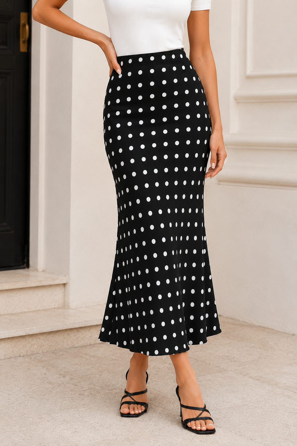 Black polka dot fishtail midi skirt with a fitted waist and feminine flared hem, styled as a sophisticated women's midi skirt for a polished monochrome date night outfit with romantic appeal.