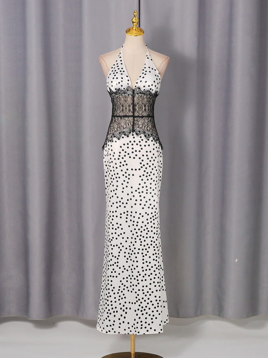 Black polka dot lace dress with white base polka dot print skirt and soft peplum waist silhouette, elegant polka dot vs tacky print, refined for cocktail and evening events