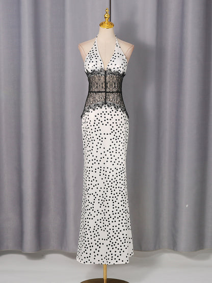 Black polka dot lace dress with white base polka dot print skirt and soft peplum waist silhouette, elegant polka dot vs tacky print, refined for cocktail and evening events