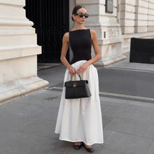 Load image into Gallery viewer, color block a line maxi, Black white color block maxi dress for women, crisp woven fabric with a polished business casual dress feel, A-line high waist silhouette, business casual maxi dress, for office-ready workdays and meetings, quite luxury dress, 