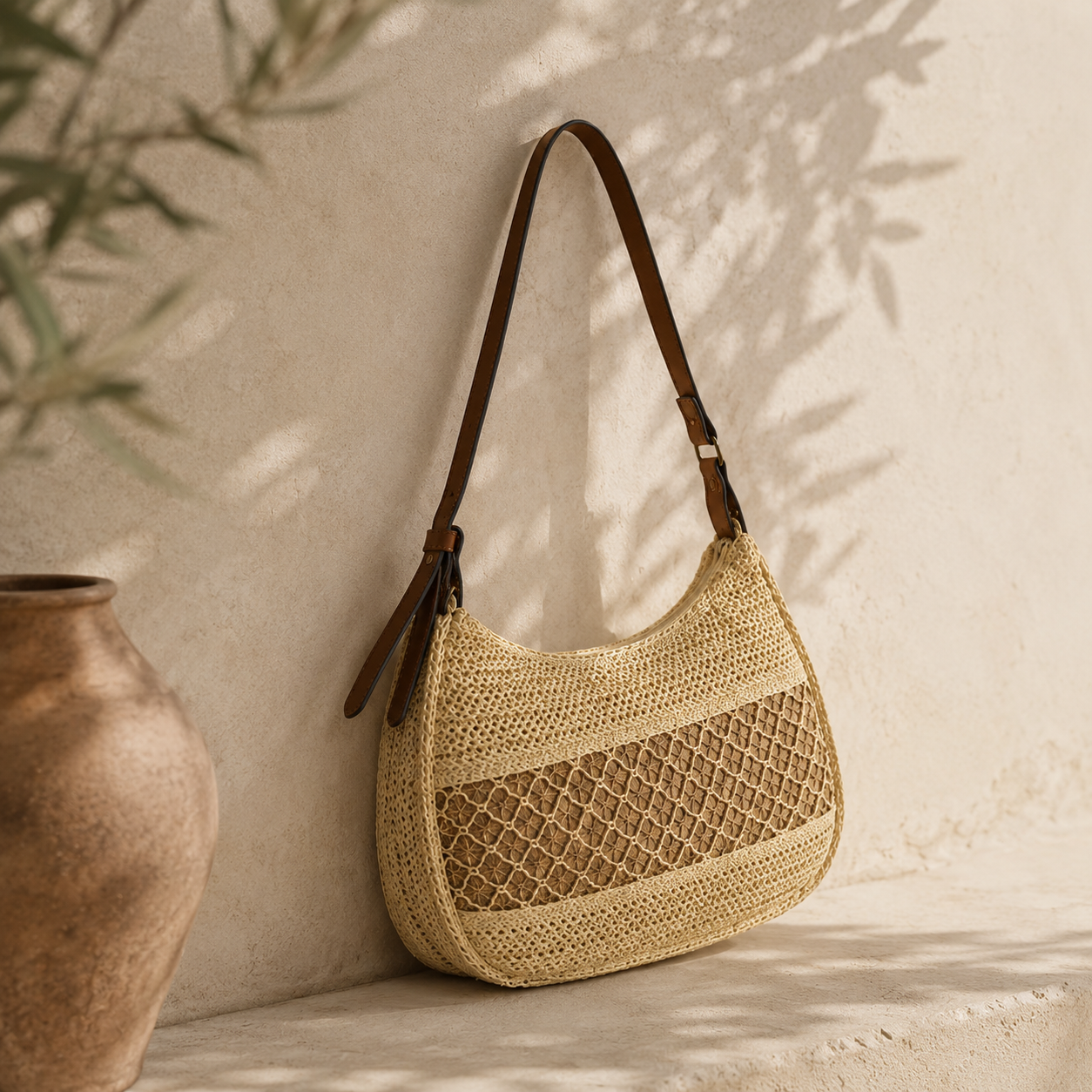 Boho straw bag, Beachy straw bag, Effortless summer bag, Woven straw bag with natural woven bag texture and soft crescent curved shape, straw shoulder bag styled as a vacation straw bag for resort bag women summer travel outfits.