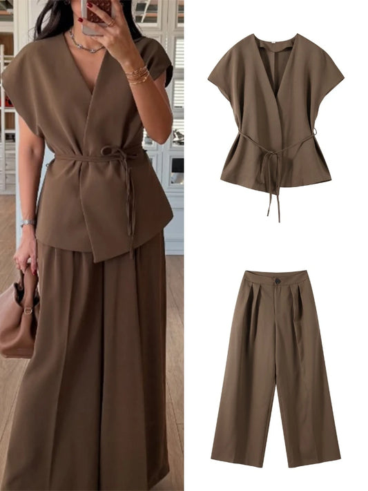 Brown co-ord pants set for women with tailored silhouette, fall outfit set women, chic belted co-ord set women look for holiday parties, professional conferences, and quiet luxury suit set women trend in 2025, Wrap Tie-Belt Vest Top & Trousers.