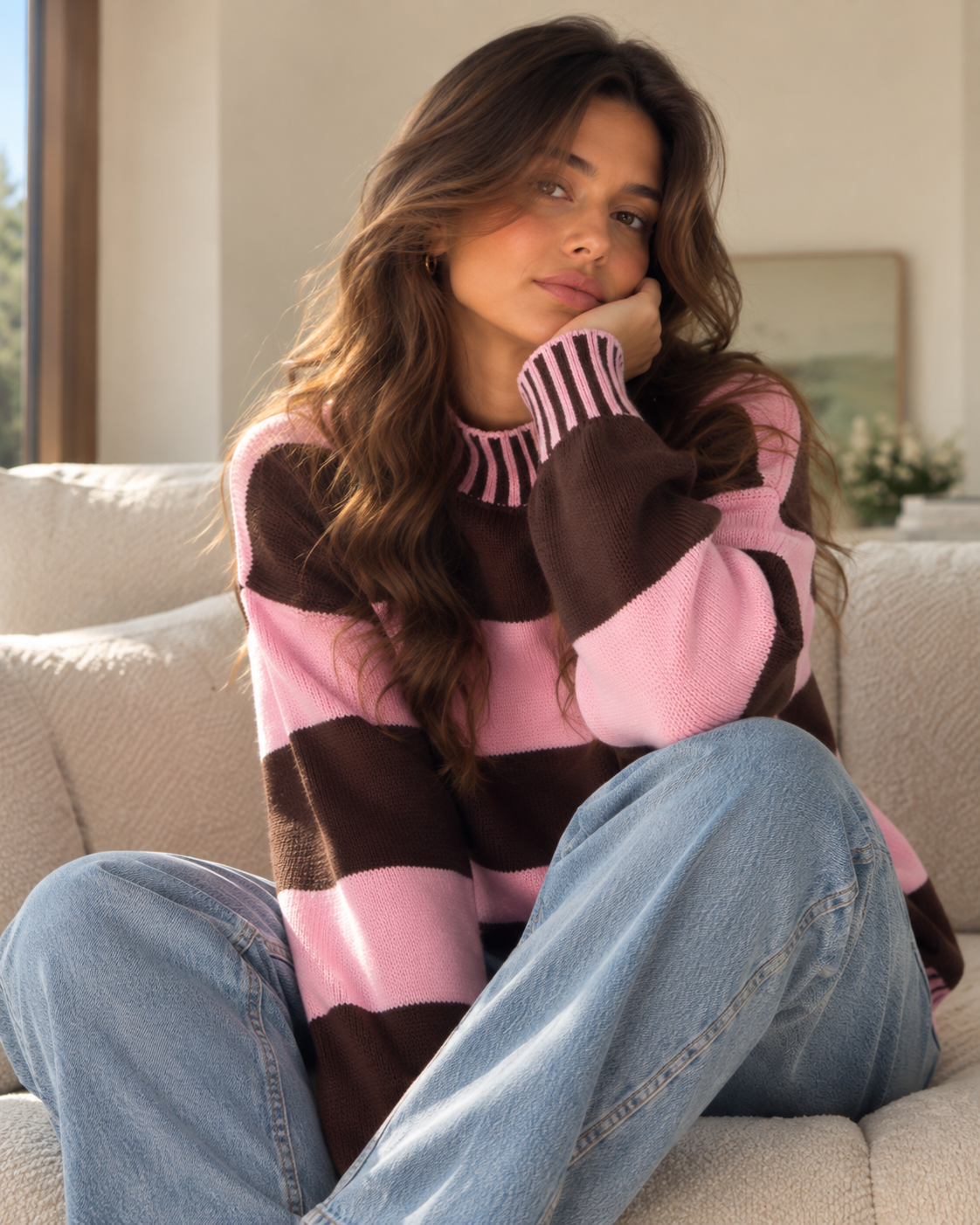 Color block striped Jumper, Brown pink striped sweater for women with a relaxed pullover silhouette, ribbed mock neck and broad horizontal stripes, combining viscose knitwear with a retro inspired color block design for fall outfits, weekend dressing and casual travel looks.