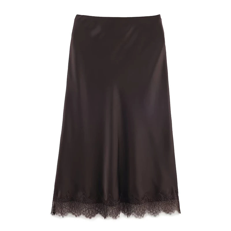 Brown satin lace trim midi skirt, smooth satin finish with body skimming bias cut silhouette, high waisted midi length fit, brown satin midi skirt outfit women for fall outfits