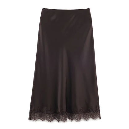 Brown satin lace trim midi skirt, smooth satin finish with body skimming bias cut silhouette, high waisted midi length fit, brown satin midi skirt outfit women for fall outfits
