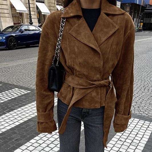 Brown suede trench coat women with cropped trench silhouette, faux suede trench coat women design that channels old money trench coat women vibes and spring short trench coat outfit trend.