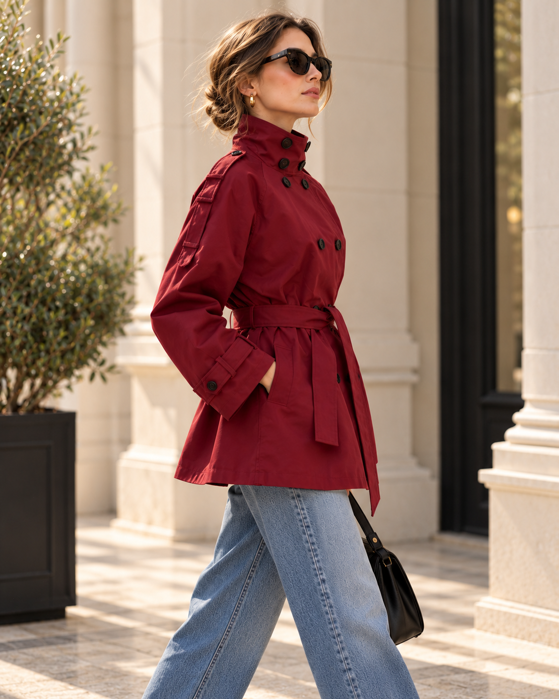 cotton burgundy belted trench coat women, oversized trench jacket women, relaxed fit with a cinchable waist, double-breasted front and adjustable cuff straps, positioned for old money fall outfits, polished everyday wear and timeless autumn styling.