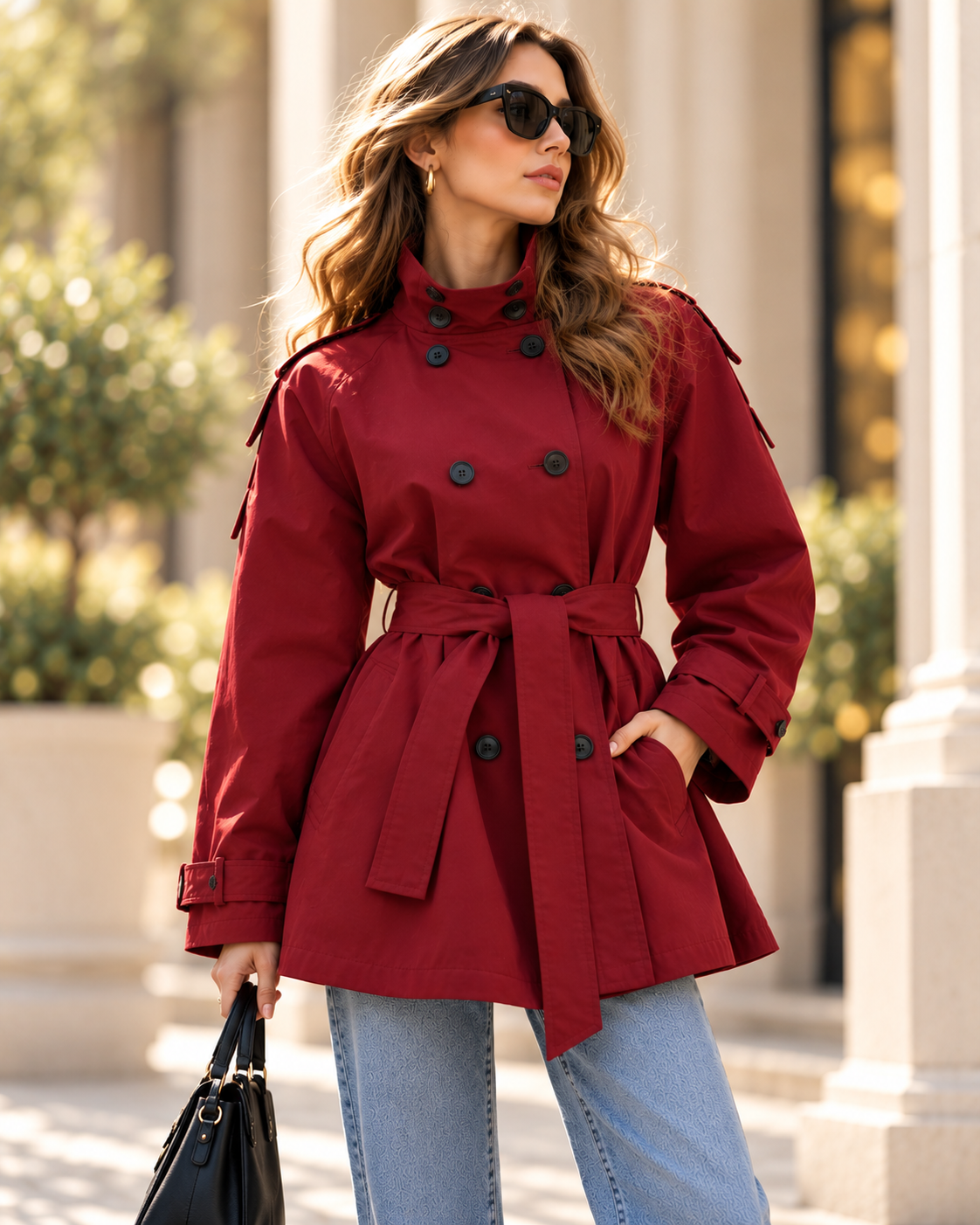burgundy trench coat women, double breasted trench jacket, relaxed oversized silhouette with a structured high stand collar, matching waist belt and dark buttons, suited to classy fall outfits women and contemporary autumn city dressing.