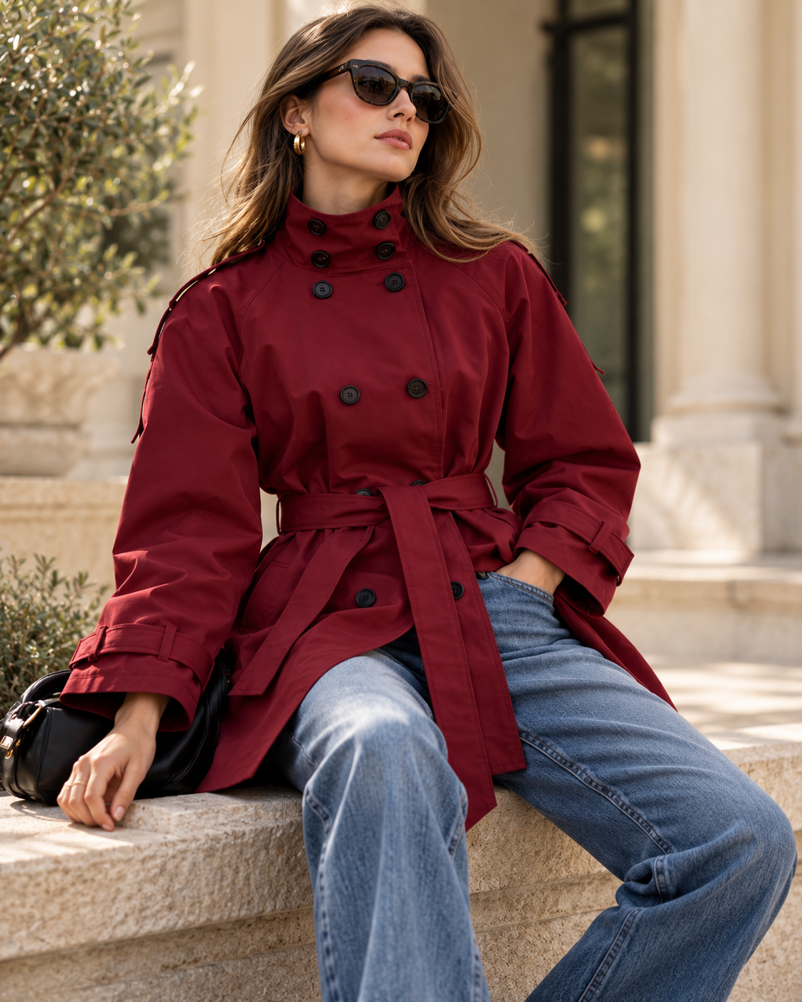 burgundy coats, burgundy outerwear fall 2026 women, relaxed trench silhouette with a defined waist, structured high collar and classic cuff straps, suited to burgundy trench coat layering knitwear and elevated autumn wardrobes.
