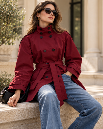 burgundy coats, burgundy outerwear fall 2026 women, relaxed trench silhouette with a defined waist, structured high collar and classic cuff straps, suited to burgundy trench coat layering knitwear and elevated autumn wardrobes.