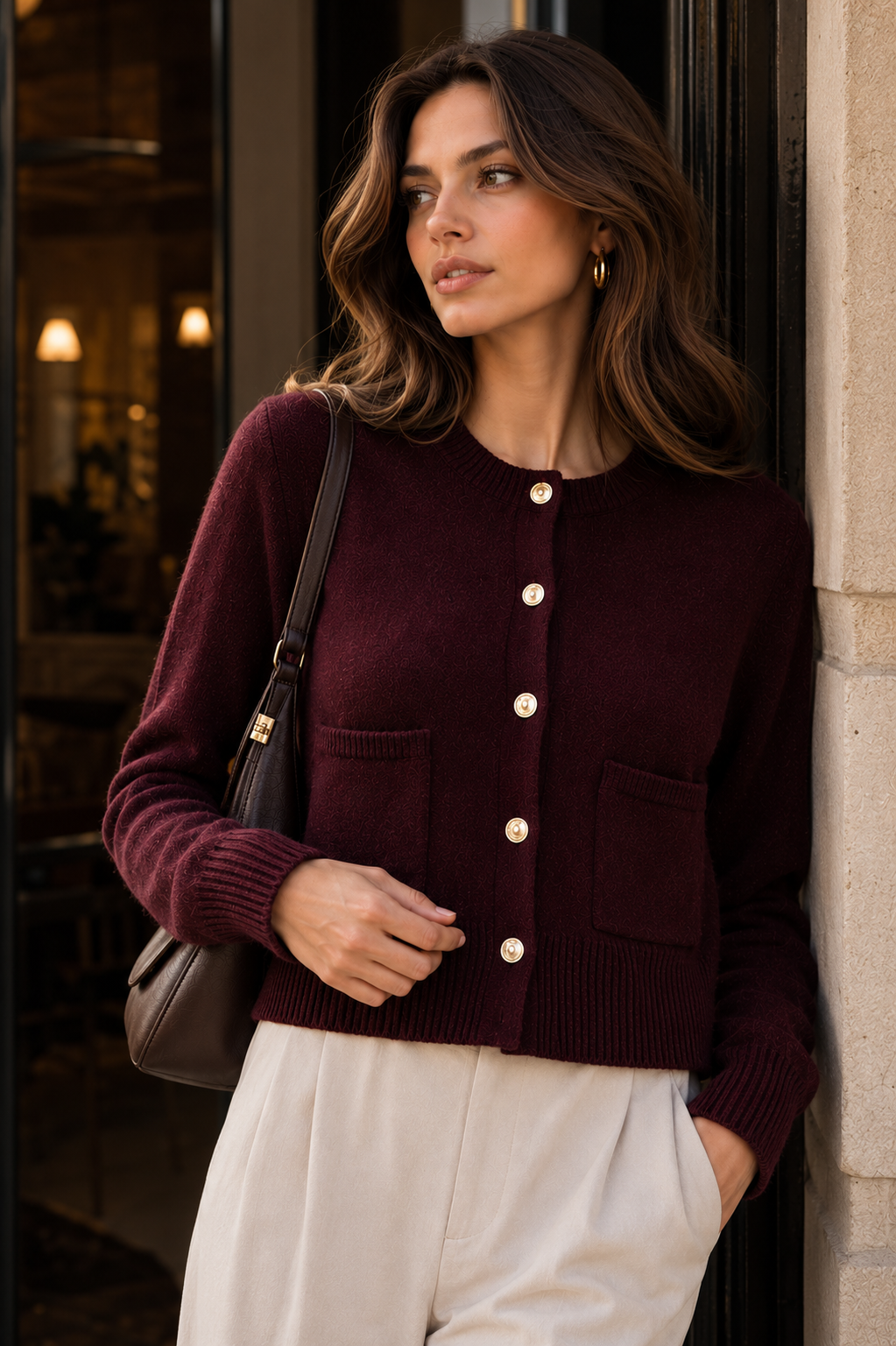 Old Money Burgundy knit ribbed cardigan sweater with a round neck, long sleeves, gold-tone buttons, two patch pockets and ribbed hem, styled as a rich autumn staple for classic office outfits and weekend dressing.
