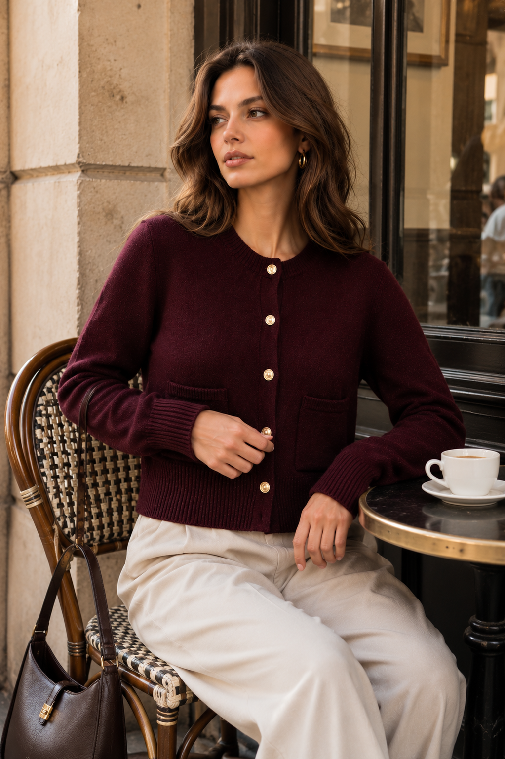 Old Money Burgundy round neck cardigan with textured knit construction, gold-tone buttons, patch pockets, long sleeves and ribbed trims, styled as a refined autumn layer for old money and heritage fashion.