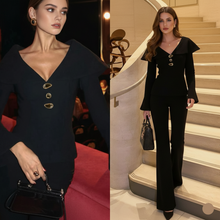 Load image into Gallery viewer, Business office pantsuit for women,  Quiet luxury pantsuit, business casual pantsuit , quiet luxury suit, two piece pants set, Women pantsuit set in tailored black flare trouser suit cut with V neck pantsuit set top and structured blazer set lines, ideal formal pantsuit set for dinners.
