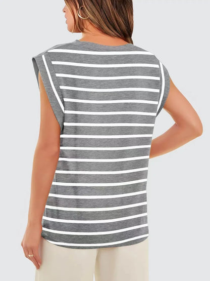 Casual striped muscle tank for women in smooth stretch-blend fabric with a clean boat neckline, elevated everyday summer top for chic airport travel outfits and weekend wear.