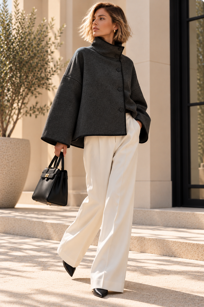 minimalist jacket women, minimalist contrast trim jacket, oversized boxy shape with a high funnel collar, button-front construction and artisanal stitched edges, suited to contemporary outerwear, classy casual outfit styling and transitional weather dressing.