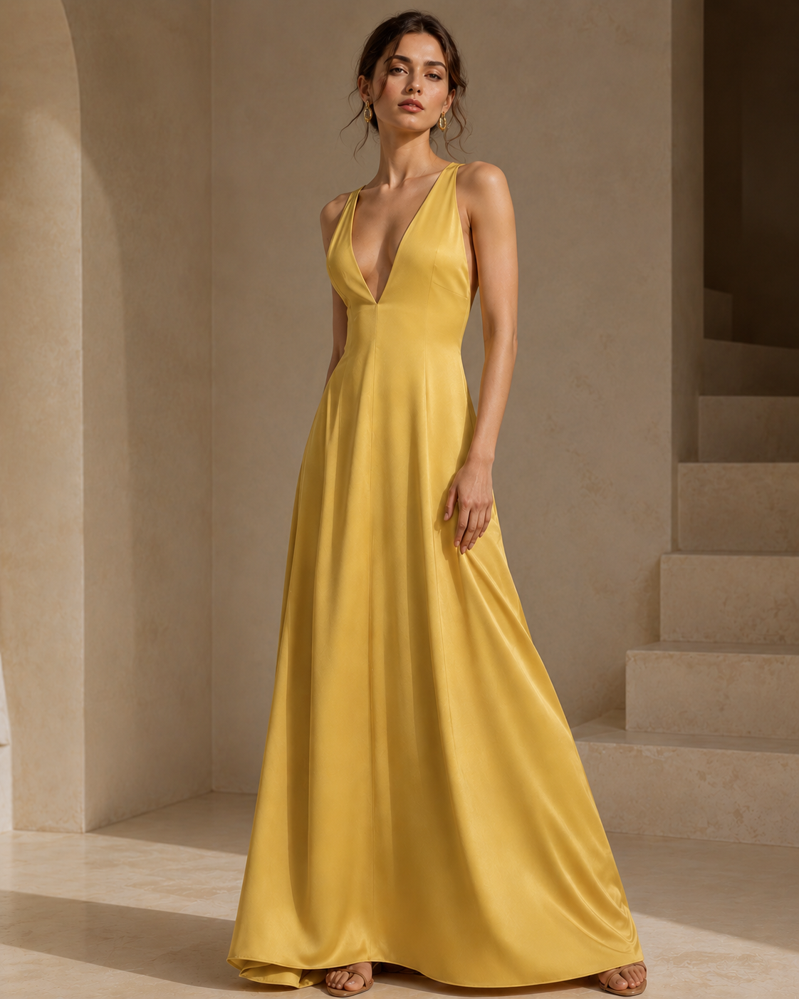 Seraphine Gold Satin Plunging V-Neck Maxi Dress