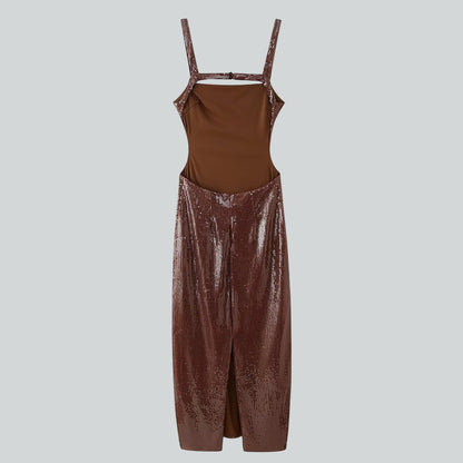 Chic brown sequin spaghetti-strap midi dress styled for women seeking a sparkly cocktail dress, elegant evening look, holiday party outfit, or glamorous night-out fashion piece.