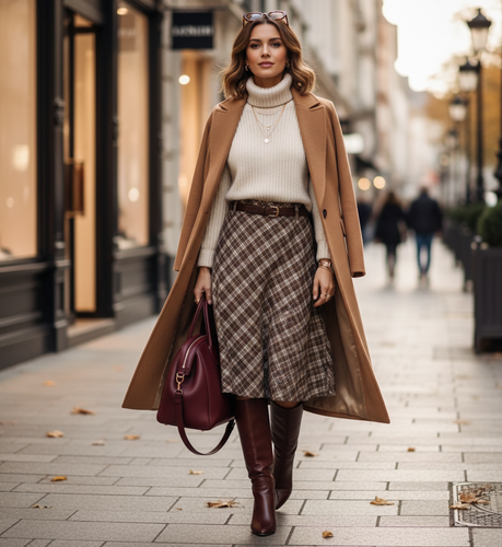Chic plaid A-line skirt women in coffee brown and blue, belted midi skirt with bronze buckle detail, office wear skirt women, fall plaid skirt outfits, classy fall outfit skirt styling, plaid skirt outfit ideas fall, midi skirt with belt office look.