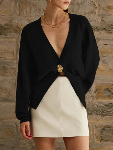 Chic women’s knit cardigan with cinched waist and statement gold button, deep V-neck design, and puff sleeves the perfect fall cardigan outfit for Pinterest-style neutral looks, quiet luxury fall knitwear, neutral outfit essential for chic layering, work, and date nights.