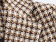 Load image into Gallery viewer, Classic brown plaid wool coat with notched lapel and longline cut; the ultimate Pinterest viral quiet luxury plaid coat women’s outerwear for chic fall-to-winter styling.