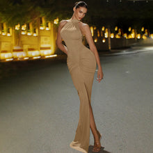 Load image into Gallery viewer, high neck ruched hourglass maxi dress women, sleeveless gown women, elegant maxi dress women, Classic sleeveless khaki evening gown women with sculpted bodycon maxi dress fit, ruched maxi dress women draping, thigh slit maxi dress women detail and old money evening dress women style for luxe events.