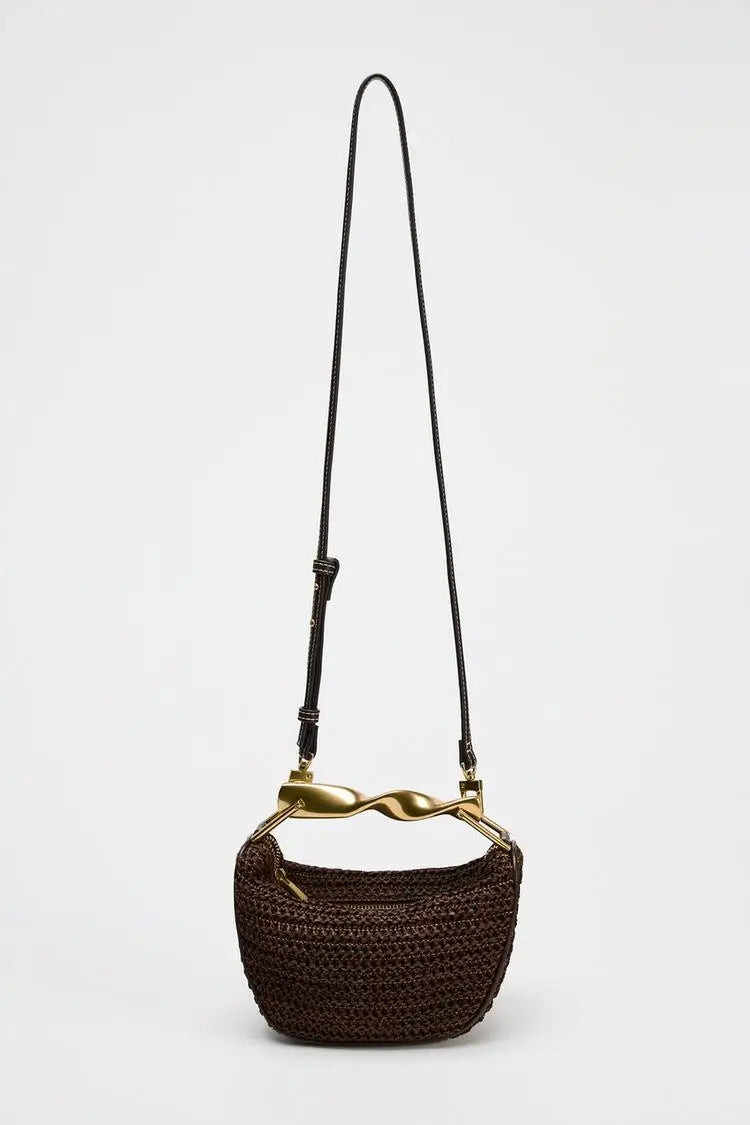 Compact bucket bag, woven straw handbag with statement handle bag, beach vacation bag or casual chic summer brunch purse.