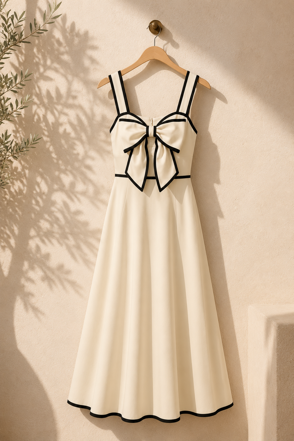 Contrast trim midi dress featuring a statement bow bodice and flowing A-line skirt, perfect for a bridal shower guest dress outfit with polished old money aesthetic styling.