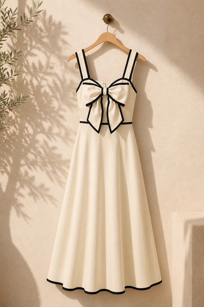 Contrast trim midi dress featuring a statement bow bodice and flowing A-line skirt, perfect for a bridal shower guest dress outfit with polished old money aesthetic styling.