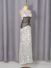 Load image into Gallery viewer, Aurora White Black Polka Dot Lace Corset Waist Halter Open-Back Maxi Dress - for wedding guests, cocktail and evenings parties
