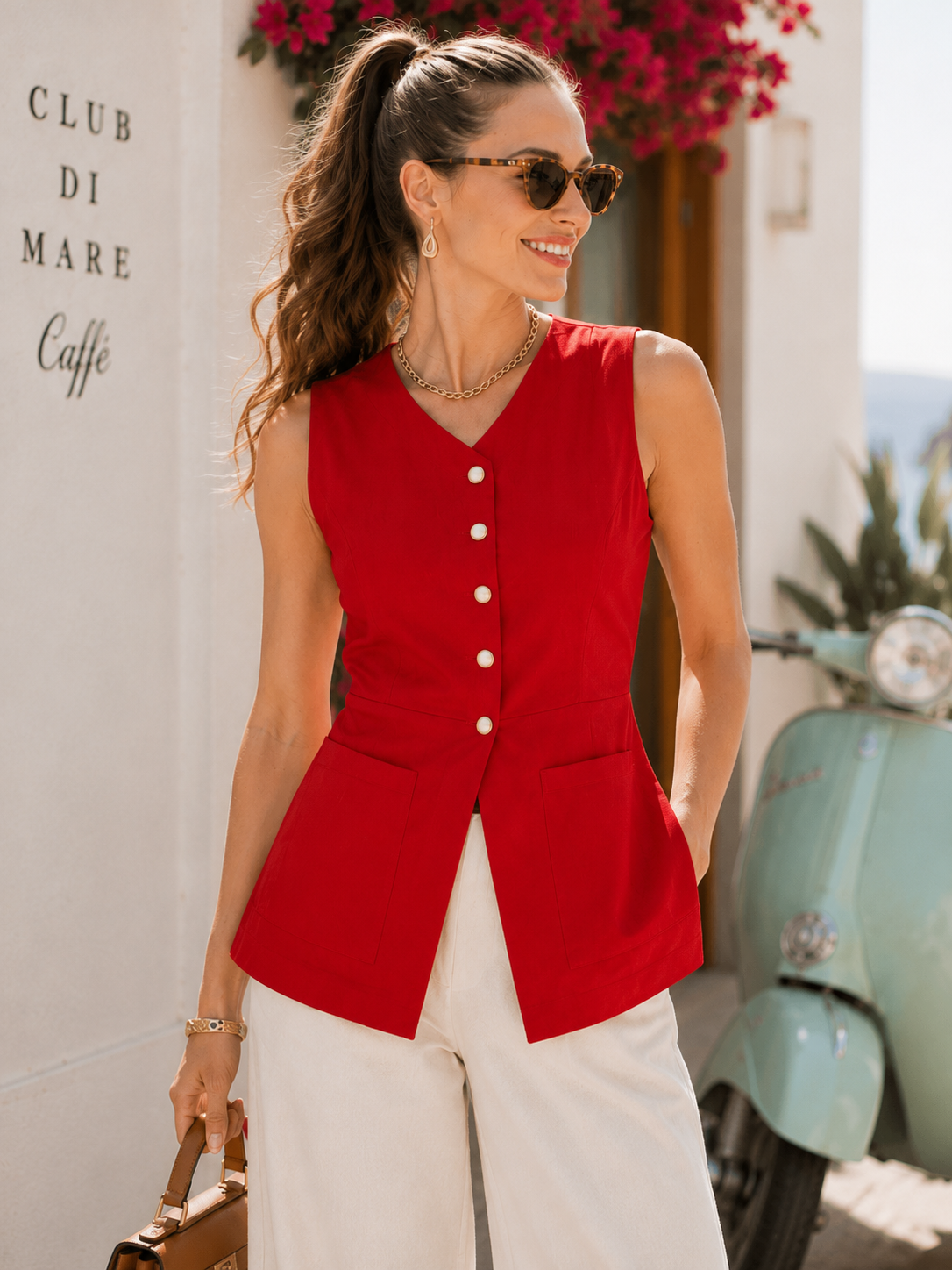 Cotton linen vest women with a tailored sleeveless silhouette, asymmetrical button front, princess seam shaping, and structured waist, styled as a business casual vest women for office work, meetings, and professional everyday wear.