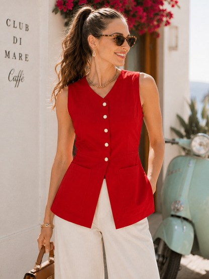 Cotton linen vest women with a tailored sleeveless silhouette, asymmetrical button front, princess seam shaping, and structured waist, styled as a business casual vest women for office work, meetings, and professional everyday wear.