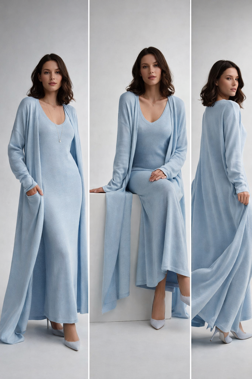 sky blue longline cardigan and knit maxi outfit set, knit dress set, two piece maxi outfit set women, quiet luxury knit, old money casual co-ord set, V-neck knit co-ord, Cozy luxury knit set, Versatile Soft Knit Maxi Dress and Matching Longline Cardigan Outfit Set Co-Ord, classy casual set.