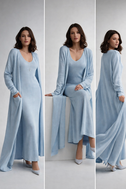 sky blue longline cardigan and knit maxi outfit set, knit dress set, two piece maxi outfit set women, quiet luxury knit, old money casual co-ord set, V-neck knit co-ord, Cozy luxury knit set, Versatile Soft Knit Maxi Dress and Matching Longline Cardigan Outfit Set Co-Ord, classy casual set.
